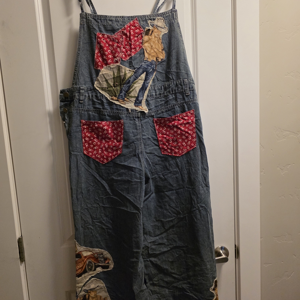 Up Cycled Denim Patchwork Overalls with Red Bandana Pockets
